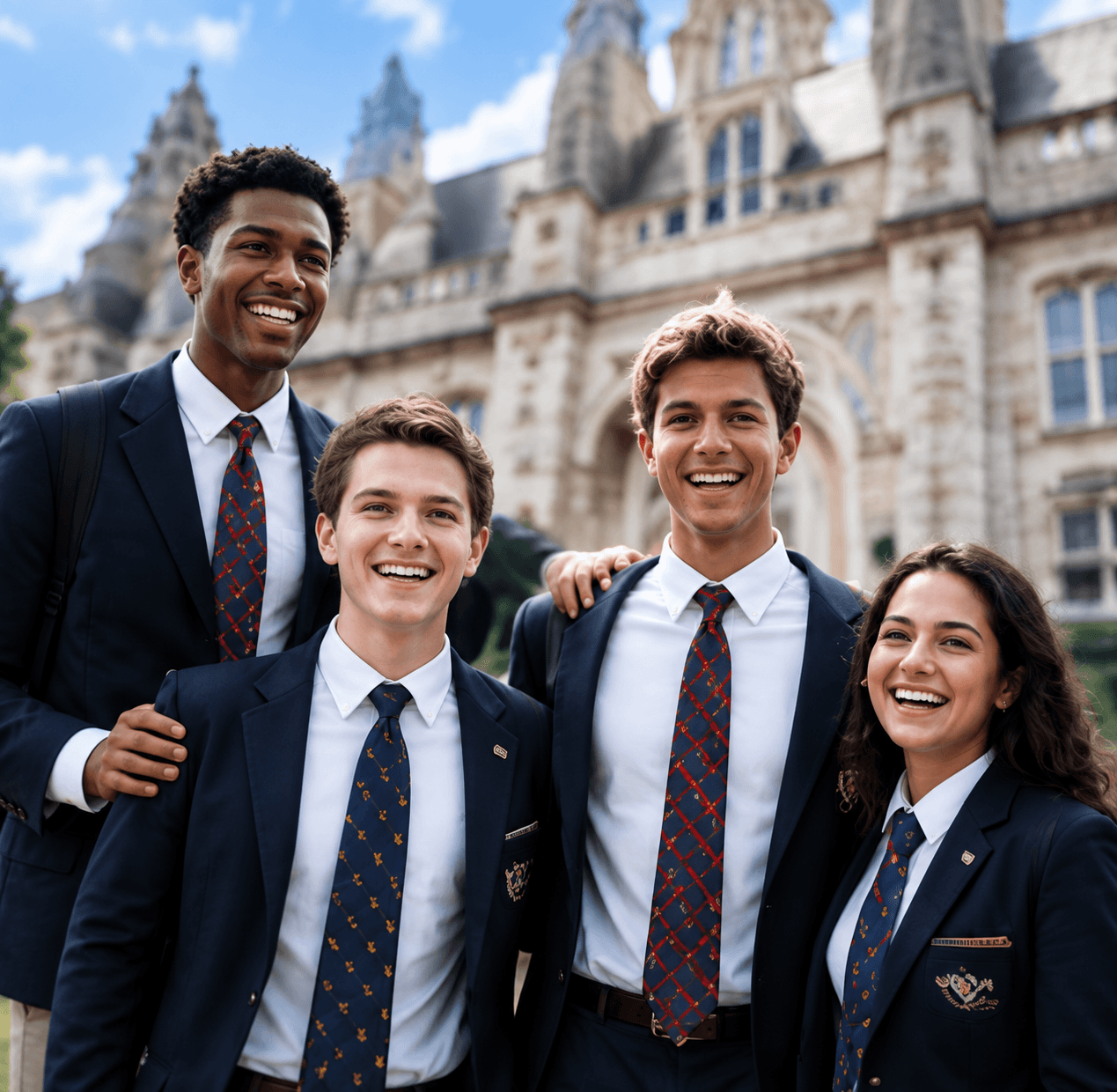Gruppo di studenti in uniforme in un campus americano